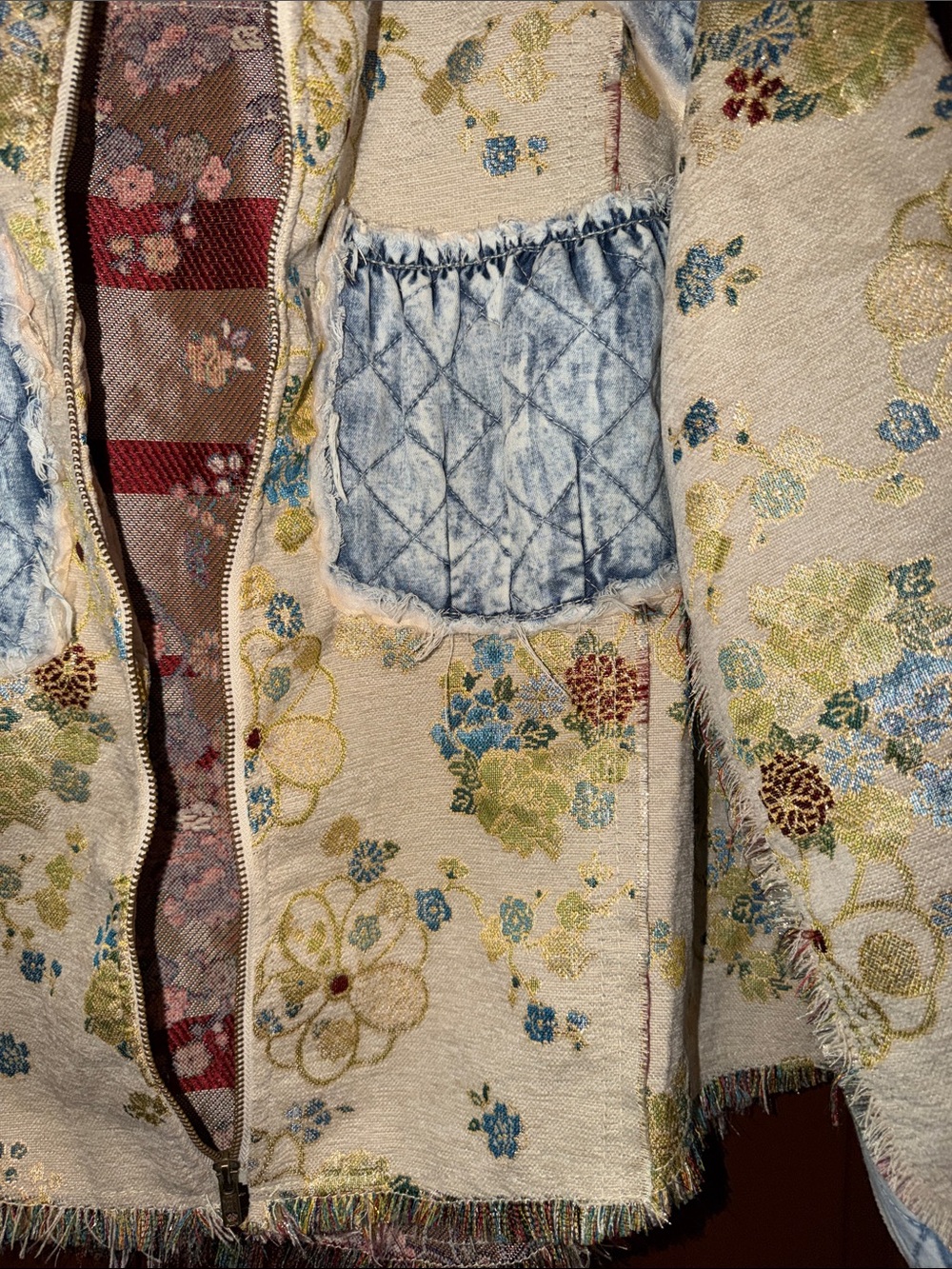 Floral Patchwork Zip-Front Women's Jacket - Cream & Blue - Picture 3 of 11